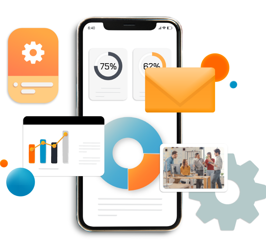 Representación ilustrada de automatización. Con gráficos de medición, mails y visualización mobile